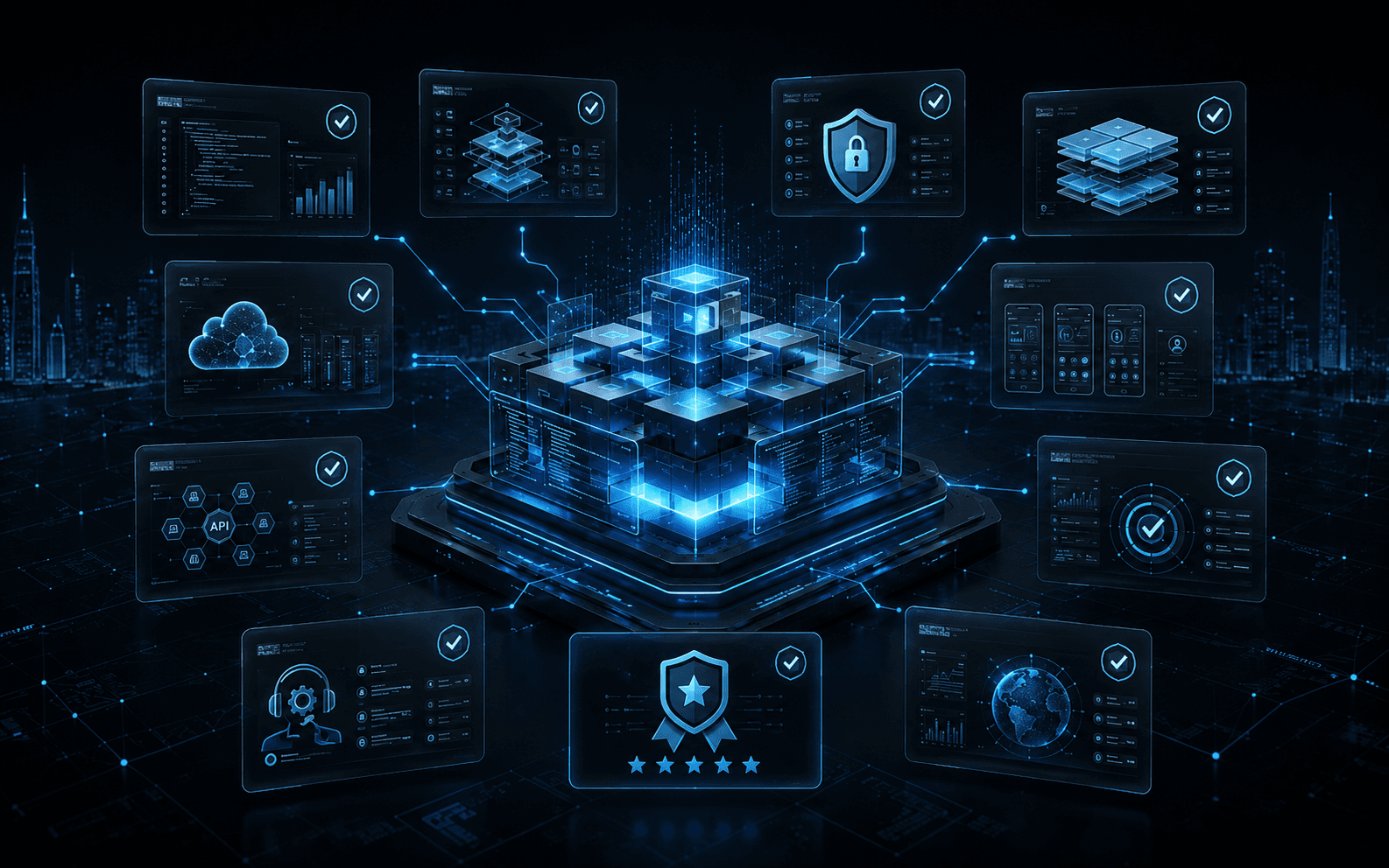Illustration of connected software modules, dashboards, and cloud systems representing Digitronix projects for UAE and GCC businesses