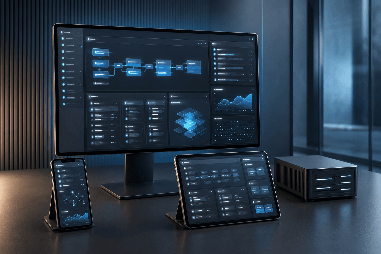 Preview of a custom-built business interface with organized records and workflows, shown across desktop, tablet, and mobile